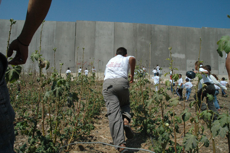 Palestinian children running through a field toward a large concrete wall.