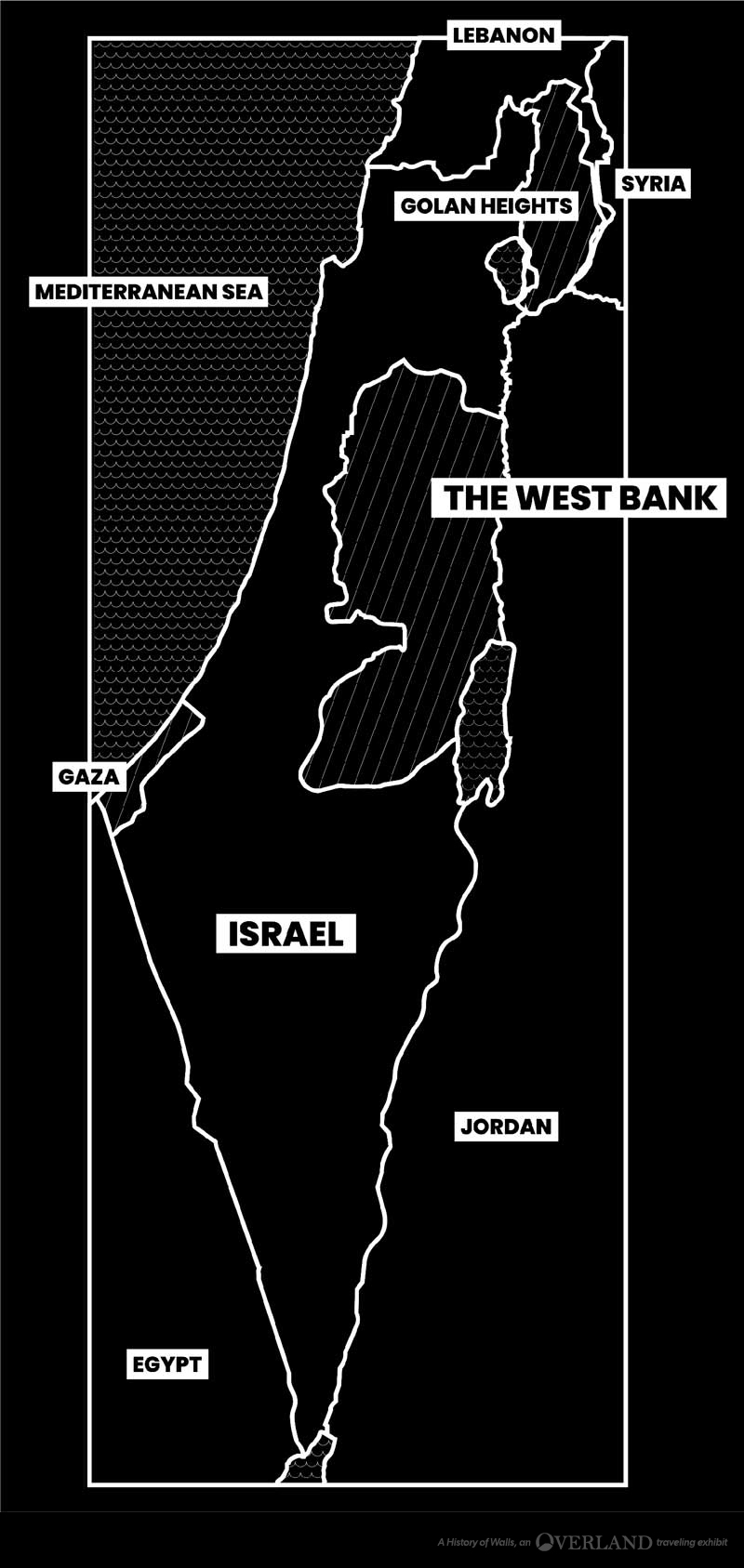 A simple black and white map showing the West Bank in relation to Israel and surrounding countries.