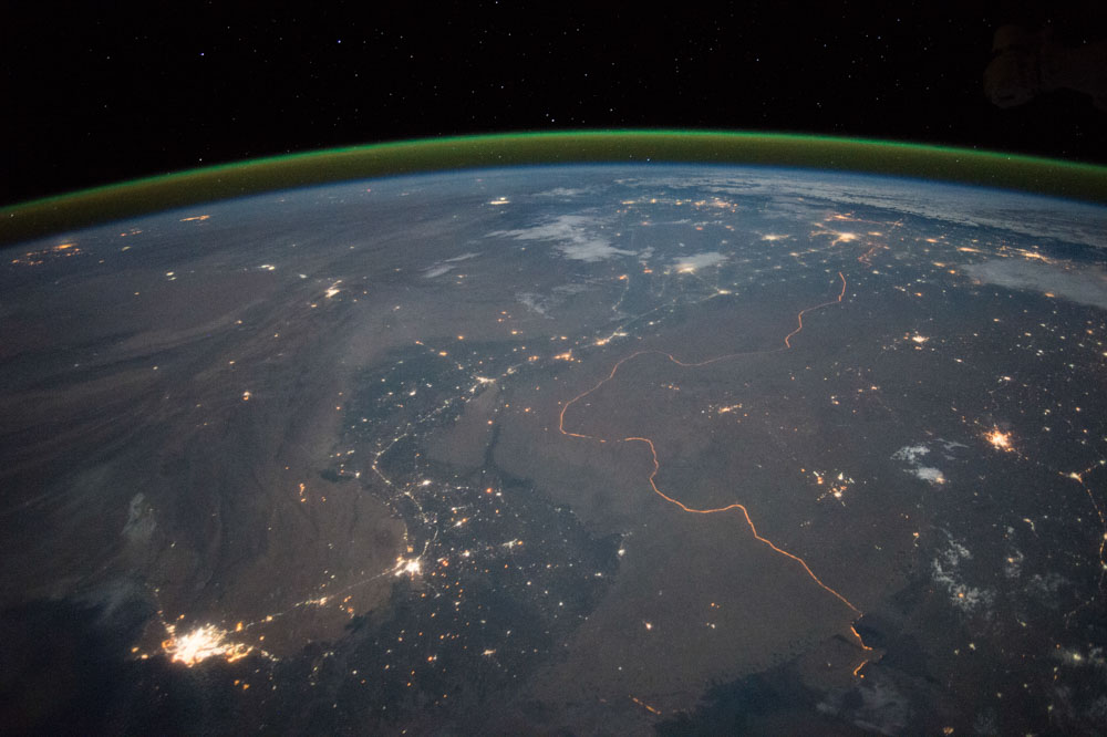 A view of Earth from the International Space Station. THe border of Pakistan and India is illuminated.