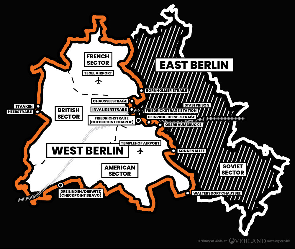 A map of Berlin, Germany in 1961 with the east and west side labeled.