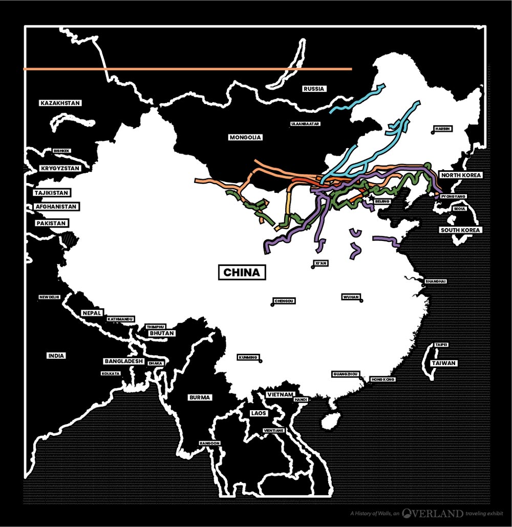 Illustrated map of China with different sections of walls labeled