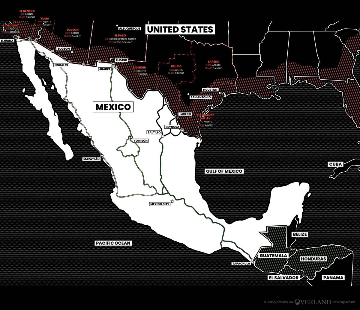 Map displaying the United States, Mexico, Guatemala, Honduras, and El Salvador border along with information regarding U.S. border patrol agents and immigrants caught.